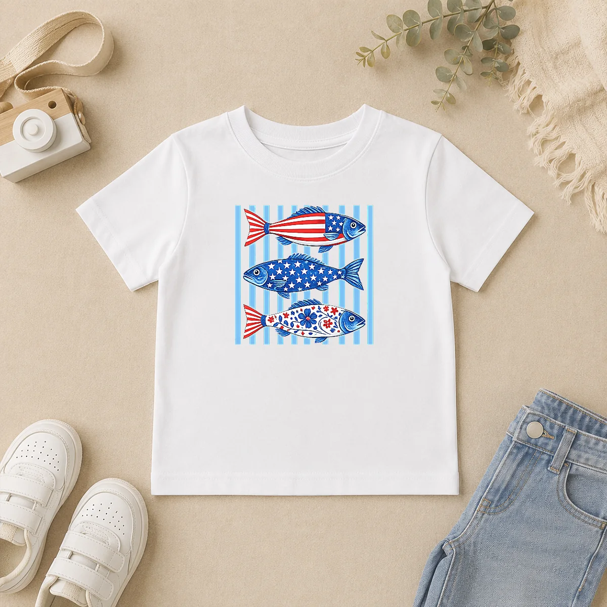 Top Official Patriotic Fish Striped USA Theme Design Kids T Shirt Top Official Patriotic Fish Striped USA Theme Design Kids T-Shirt