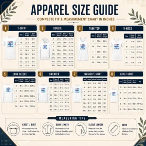 Size chart for Top Official Patriotic Fish Striped USA Theme Design showing measurements in inches and cm