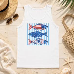 Top Official Patriotic Fish Striped USA Theme Design Tank Top