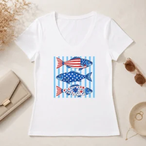 Top Official Patriotic Fish Striped USA Theme Design V-Neck Shirt