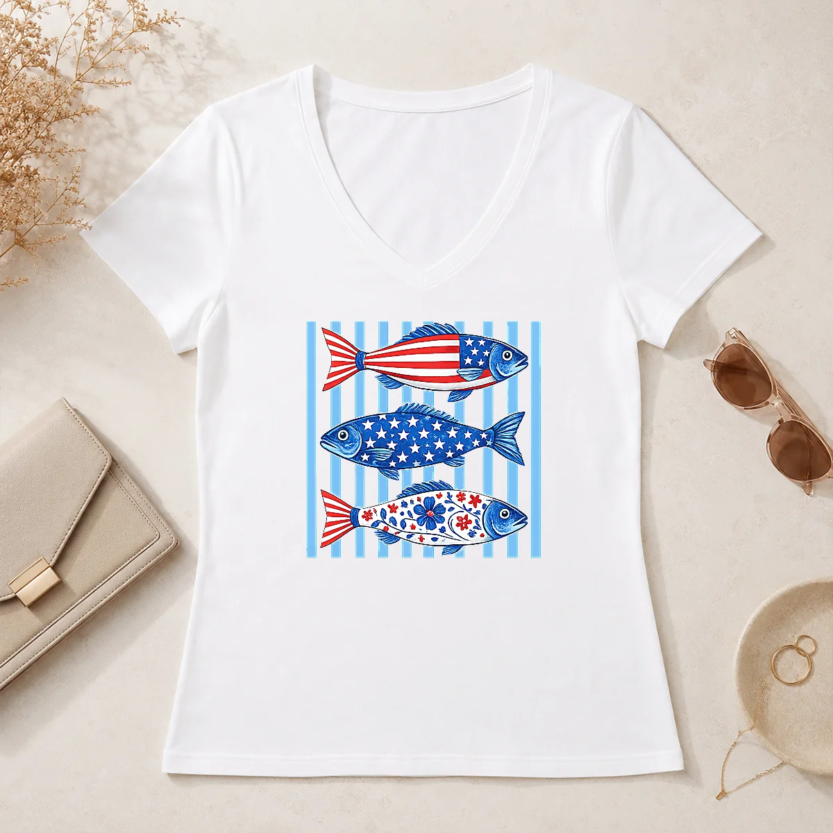 Top Official Patriotic Fish Striped USA V-Neck Shirt Top Official Patriotic Fish Striped USA V-Neck Shirt