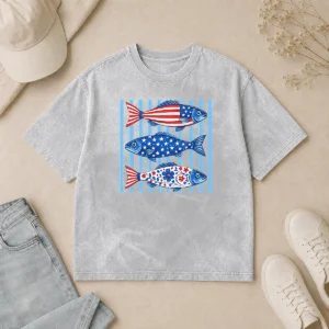 Top Official Patriotic Fish Striped USA Theme Design Washed T-Shirt