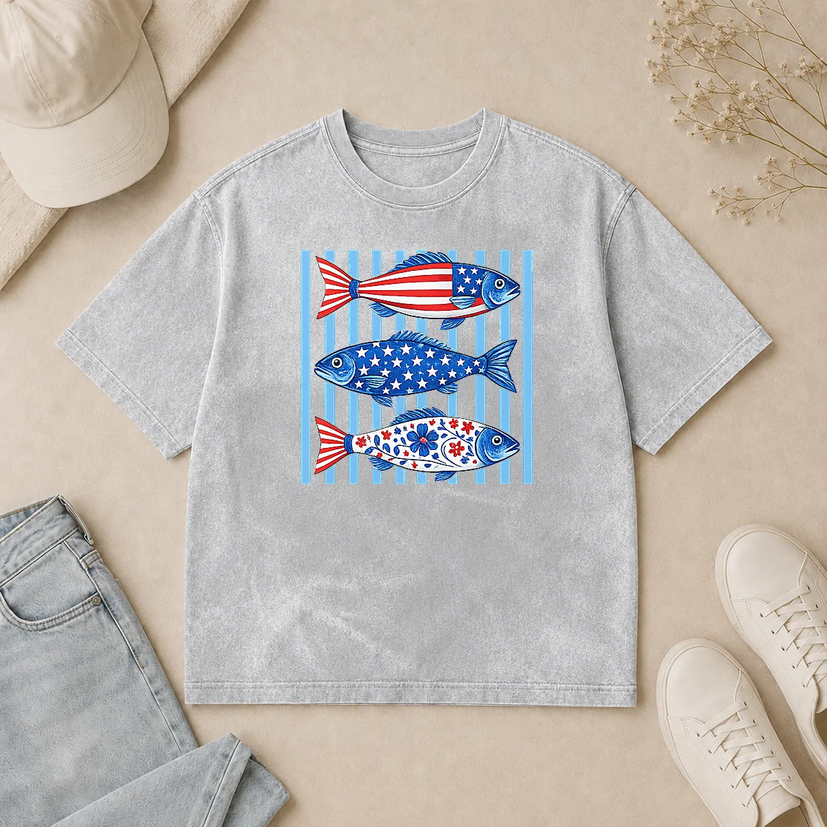 Top Official Patriotic Fish Striped USA Theme Design Washed T Shirt Top Official Patriotic Fish Striped USA Theme Design Washed T-Shirt