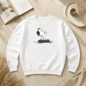 Top Snoopy Peanuts Playing DJ Sweater showing a comfortable crewneck design with colorful Snoopy DJ graphic