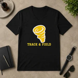 Top Tornado Track And Field Athletics Logo V Neck Shirt in dark fabric with athletic graphic design