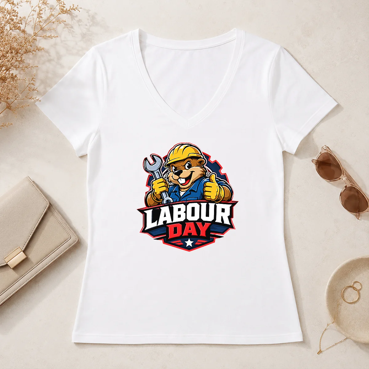 Funny Beaver Mascot Labour Day Thumbs V-Neck Shirt Funny Beaver Mascot Labour Day Thumbs V-Neck Shirt