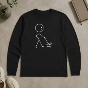Nice Good Stick Figure Walking A Dog Minimalist Line Art Long Sleeve Shirt