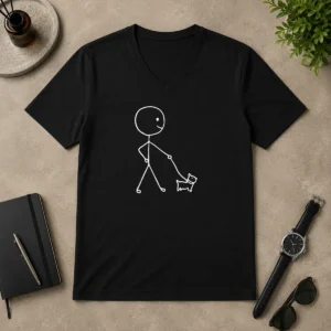Nice Good Stick Figure Walking A Dog Minimalist Line Art V-Neck Shirt